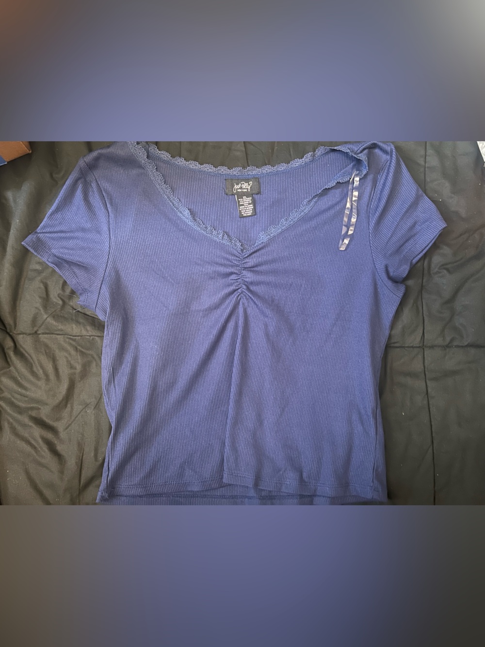 Navy Lace-Trim Short Sleeve V-Neck Top